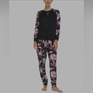 Flora by Flora Nikrooz Velour 2pc Pajama Set Black Pink Blossoms Axel Printed